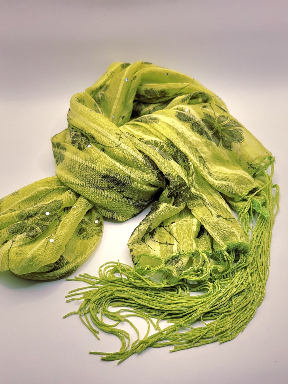 Lime Green Floral Fringe Scarf - With Tiny Crystals Silk Feel 72x16